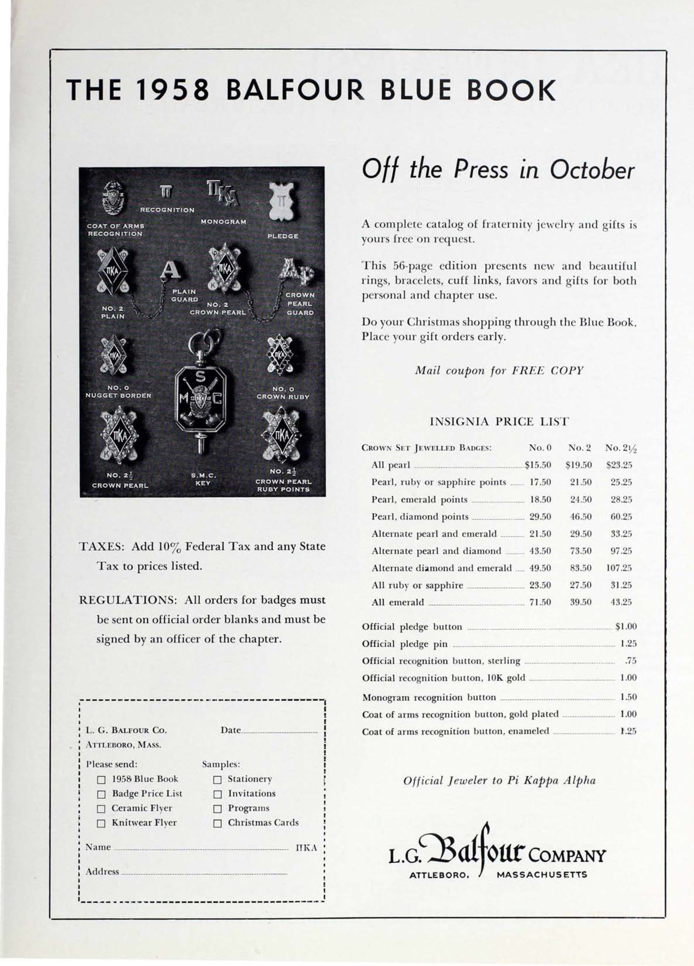 L.G. Balfour Company Advertisement, December 1957